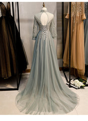 Charming Tulle Long Sleeves Beaded and Lace Long Party Dresses, A-line Tulle Formal Gown