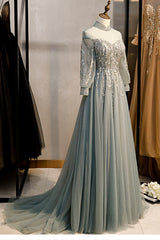 Charming Tulle Long Sleeves Beaded and Lace Long Party Dresses, A-line Tulle Formal Gown