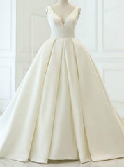 Charming White Ball Gown Satin V-neck Backless Wedding Dresses