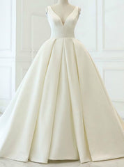 Charming White Ball Gown Satin V-neck Backless Wedding Dress