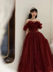 Charming Wine Red Off Shoulder Tulle Beaded Party Dresses, Wine Red Prom Dresses