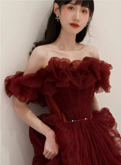 Charming Wine Red Off Shoulder Tulle Beaded Party Dresses, Wine Red Prom Dresses