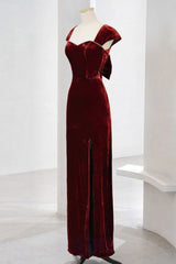 Charming Wine Red Velvet Cap Sleeves Long Party Dresses, Wedding Party Dresses