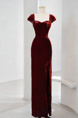 Charming Wine Red Velvet Cap Sleeves Long Party Dresses, Wedding Party Dresses