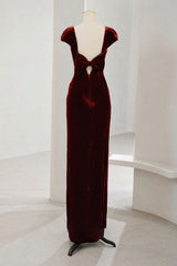 Charming Wine Red Velvet Cap Sleeves Long Party Dresses, Wedding Party Dresses