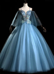 Check Out Entire Collection Blue Ball Gown Spaghetti Straps Appliques Beading Quinceanera Dresses