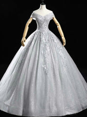 Check Out Entire Collection Silver Gray Sequins Appliques Off the Shoulder Quinceanera Dress