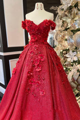 Chic Ball Gown V Neck Beads Appliques Red Off-the-Shoulder Long Quinceanera Dresses With Petticoat