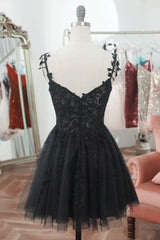 Chic Black Lace Straps Tulle Short Party Drss, Black Sweetheart Homecoming Dresses