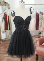 Chic Black Lace Straps Tulle Short Party Drss, Black Sweetheart Homecoming Dresses