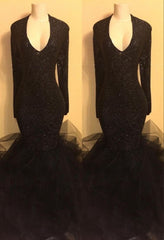 Chic black sequins prom Dresses, ruffles evening Dresses