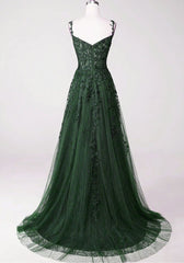 Chic Green Straps Tulle with Lace Party Dresses, A-line Sweetheart Floor Length Prom Dresses