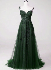 Chic Green Straps Tulle with Lace Party Dresses, A-line Sweetheart Floor Length Prom Dresses