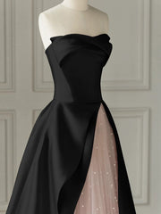 Chic Pink and Black Satin with Tulle Prom Dresses, A-line Long Party Dresses