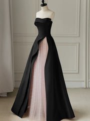 Chic Pink and Black Satin with Tulle Prom Dresses, A-line Long Party Dresses