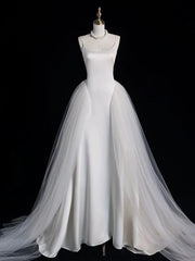 Chic Sheath Spaghetti Straps Sleeveless White Satin Wedding Dresses With Ruffles