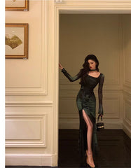 Chic Sheath Square Neckline Long Sleeves Green Long Prom Dresses Birthday Dresses