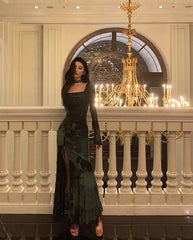 Chic Sheath Square Neckline Long Sleeves Green Long Prom Dresses Birthday Dresses