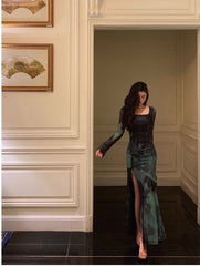 Chic Sheath Square Neckline Long Sleeves Green Long Prom Dresses Birthday Dresses