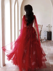 Chic V-neckline Tulle Floor Length Party Dresses, Wine Red Tulle Prom Dresses