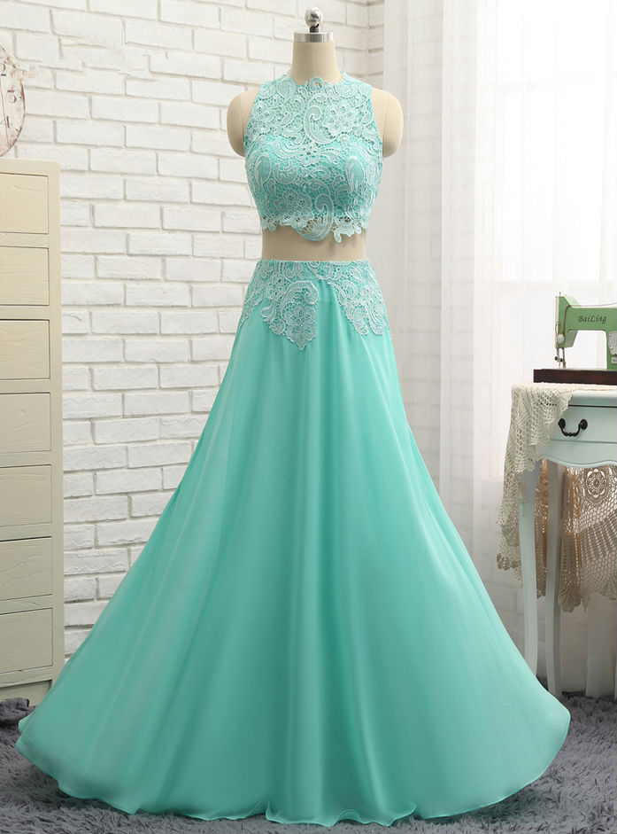 Chiffon Lace Two Pieces Long Prom Gown Evening Dresses Evening Gown