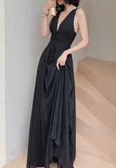 Simple V Neck Chiffon Black Long Prom Dress, Black Evening Dresses