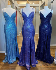 Mermaid Purples Sequins Long Prom Dress with Slit