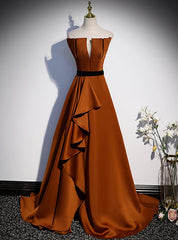 Coffee Satin Strapless Pleats Prom Dresses With Split