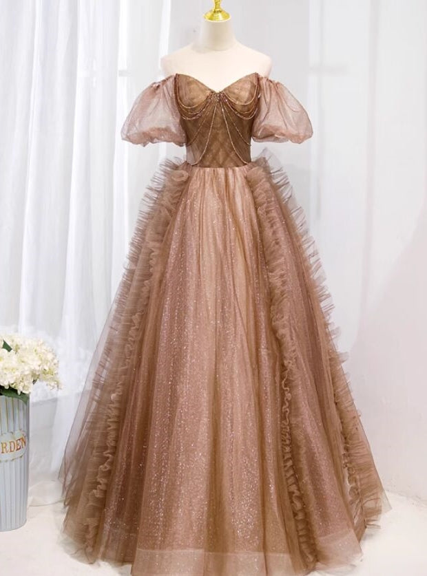 Coffee Tulle Sequins Puff Sleeve Beading Prom Dress