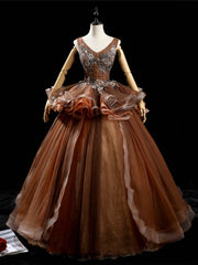 Coffee Tulle V-neck Beading Sequins Quinceanera Dresses