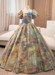 Colorful print Puff Sleeve Flower Quinceanera Dresses