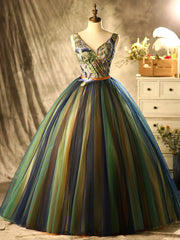 Colorful Tulle V-neck Embroidery Quinceanera Dresses