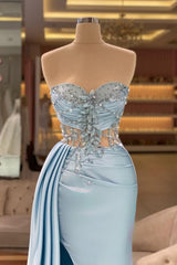 Column Slit Front Long Sweetheart Strapless Sleeveless Sky Blue Ruffle Stain Evening Dresses with Beadings