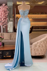 Column Slit Front Long Sweetheart Strapless Sleeveless Sky Blue Ruffle Stain Evening Dresses with Beadings