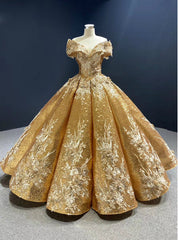 Come In a Wide Variety Of On-Trend Styles, Gold Ball Gown Sequins Off the Shoulder Appliques Prom Dresses