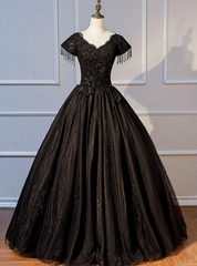 Come In All Styles And Colors Black Ball Gown Tulle V-neck Cap Sleeve Appliques Beading Quinceanera Dresses