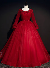 Come In All Styles And Colors Burgund Ball Gown Tulle Long Sleeve Appliques Quinceanera Dresses