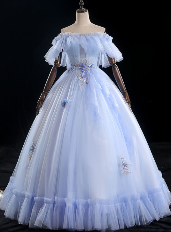 Come In All Styles And Colors Light Blue Ball Gown Tulle Strapless Appliques Quinceanera Dress