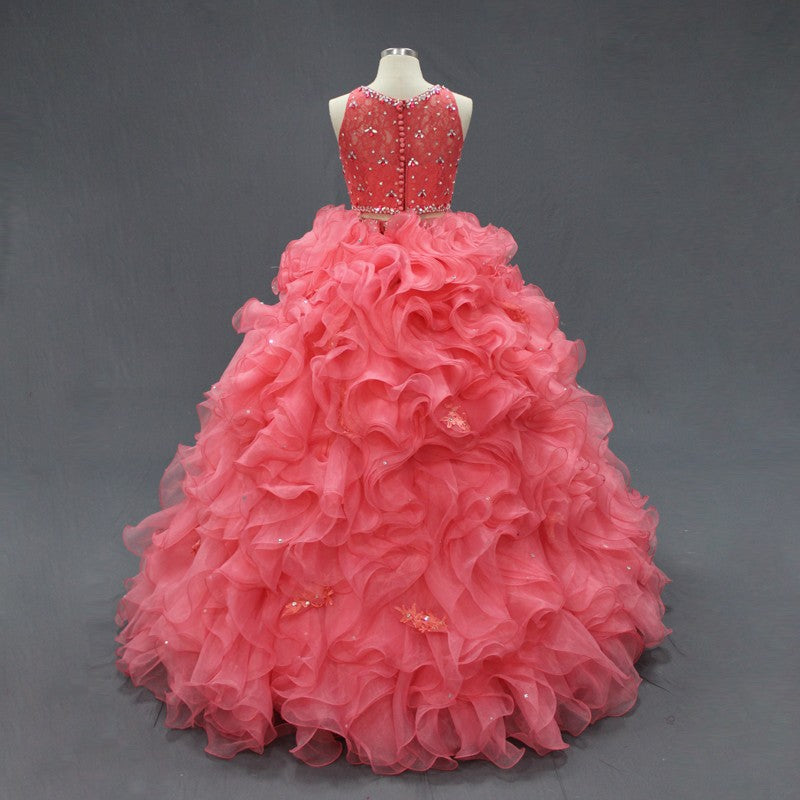 Coral Two Pieces Lace Crop Oranza Ruffle Quinceanera Dresses