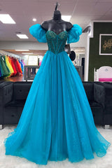 Blue Off-the-Shoulder Beaded A-line Tulle Long Prom Dresses