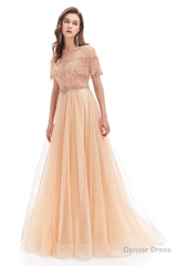 Crystal O-Neck Sleeveless A Line Tulle Prom Dresses