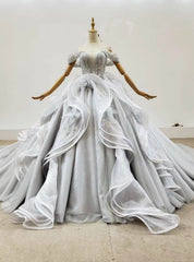 Custom Tailored Gray Ball Gown Tulle Off the Shoulder Appliques Wedding Dresses