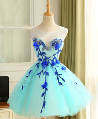 Cute A Line Blue Tulle Mini/Short Prom Dresses, Blue Homecoming Dresses