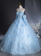 Cute Blue Tulle With Flowers Long Formal Dresses, Blue Evening Gown Sweet 16 Dresses