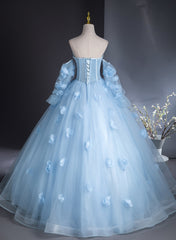 Cute Blue Tulle With Flowers Long Formal Dresses, Blue Evening Gown Sweet 16 Dresses