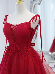 Cute Burgundy Tulle Lace Short Prom Dresses, Lace Burgundy Puffy Homecoming Dresses