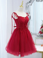 Cute Burgundy Tulle Lace Short Prom Dresses, Lace Burgundy Puffy Homecoming Dresses