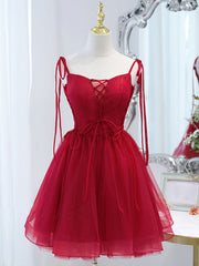 Cute Burgundy Tulle Lace Short Prom Dresses, Lace Burgundy Puffy Homecoming Dresses