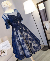 Cute Dark Blue Lace Short Prom Dresses, Blue Homecoming Dresses