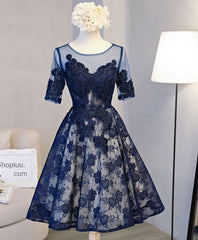 Cute Dark Blue Lace Short Prom Dresses, Blue Homecoming Dresses